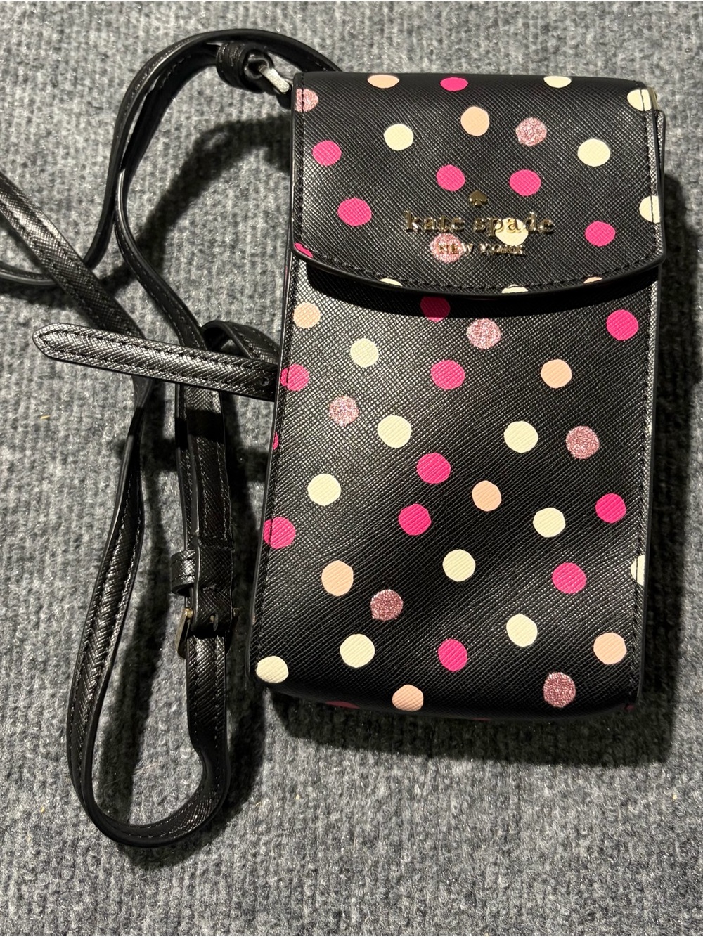 kate spade black polka dot crossbody phone bag with pink and cream dots